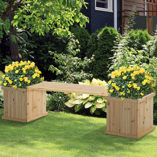 Outsunny 37L Wooden Garden Planter & Bench Combination Garden Raised Bed Patio Park Natural 176 x 38 x 40 cm