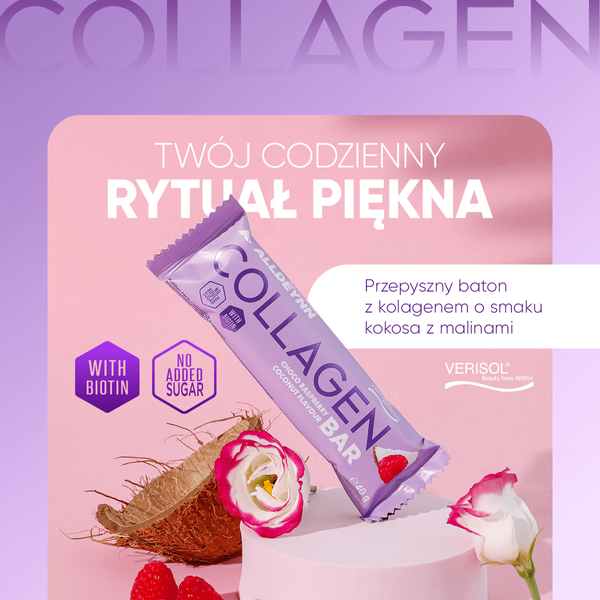 Alldeynn Collagen Bar Milk Chocolate Coconut with Freeze-Dried Raspberries 24x40g