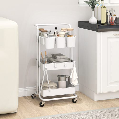 HOMCOM Three-Tier Home Trolley, with Handle and Wheels - White