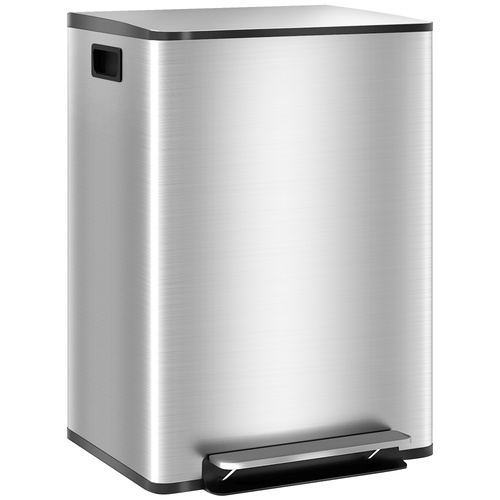HOMCOM 60L Dual Compartment Stainless Steel Bin, with Deodoriser Holders - Silver Tone