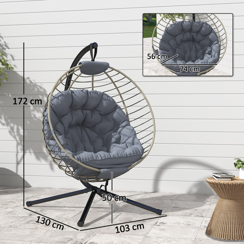 Outsunny PE Rattan Swing Chair, Outdoor Hanging Chair with Metal Stand, Thick Padded Cushion, Foldable Basket and Cup Holder, for Indoor and Outdoor, Grey