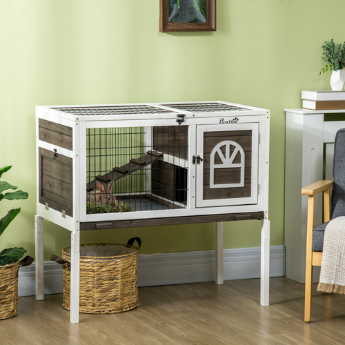 PawHut Wooden Rabbit Hutch, Guinea Pig Cage, with Removable Tray, Openable Roof