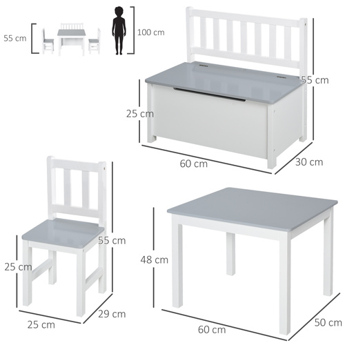 HOMCOM 4-Piece Kids Table and Chair Set with 2 Wooden Chairs, 1 Storage Bench, and Interesting Modern Design, Grey/White