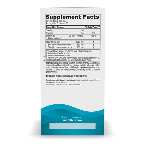 Nordic Naturals Ultimate Omega-D3 Fish Oil 1280mg Supports Body Immune System Heart and Brain Lemon 60 Softgels