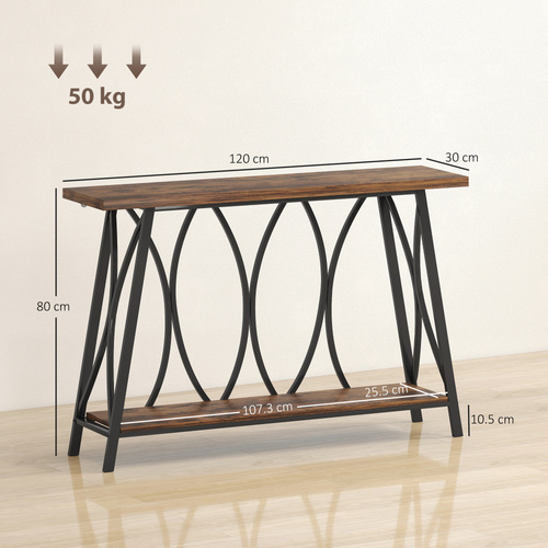 HOMCOM Narrow Console Table, Industrial 2-Tier Sofa Table with Metal Frame for Entryway, Living Room, 120x30x80cm, Rustic Brown