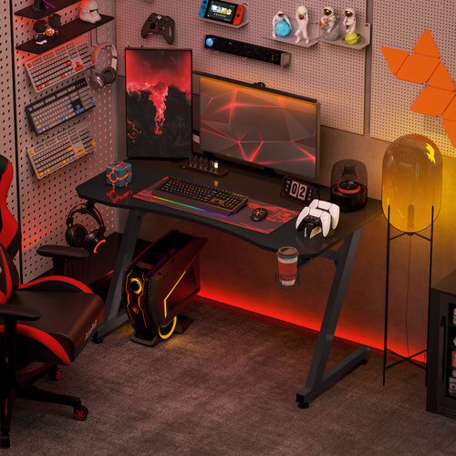 HOMCOM Gaming Desk 120 x 65 cm Steel Frame with Cup Holder, Headphone Hook, Adjustable Feet and Cable Organiser, Home Office Computer Table, Black