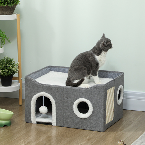 PawHut Cat Bed for Indoor Pets, Foldable Cat House with Fluffy Ball and Scratch Pad for Small and Medium Pets, Grey