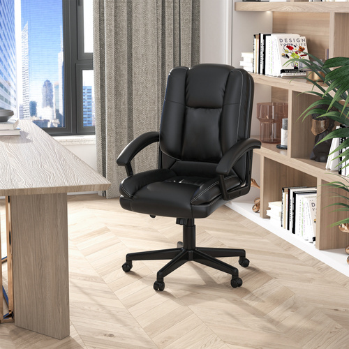 HOMCOM Desk Chair, PU Leather Office Chair with Adjustable Height and Swivel Wheels, for Home Work Study, Black