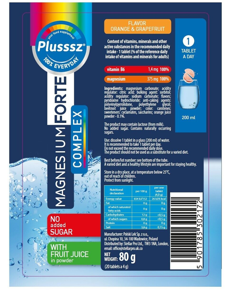 Plusssz Magnesium Forte Complex Vitamin B6 na Stres Wzmocnienie Mięśni Tabletki Musujące 20 Sztuk