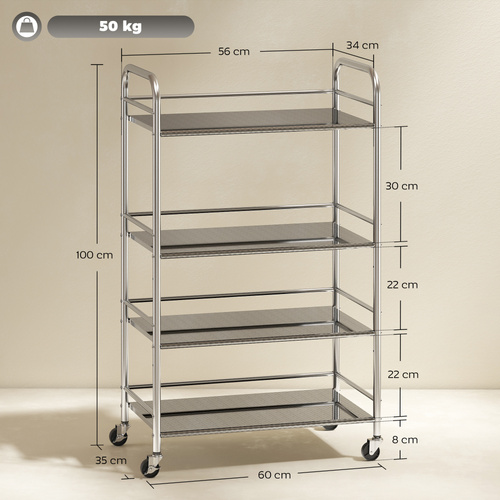HOMCOM 4 Tier Stainless Steel Kitchen Storage Trolley with Adjustable Shelves - Silver