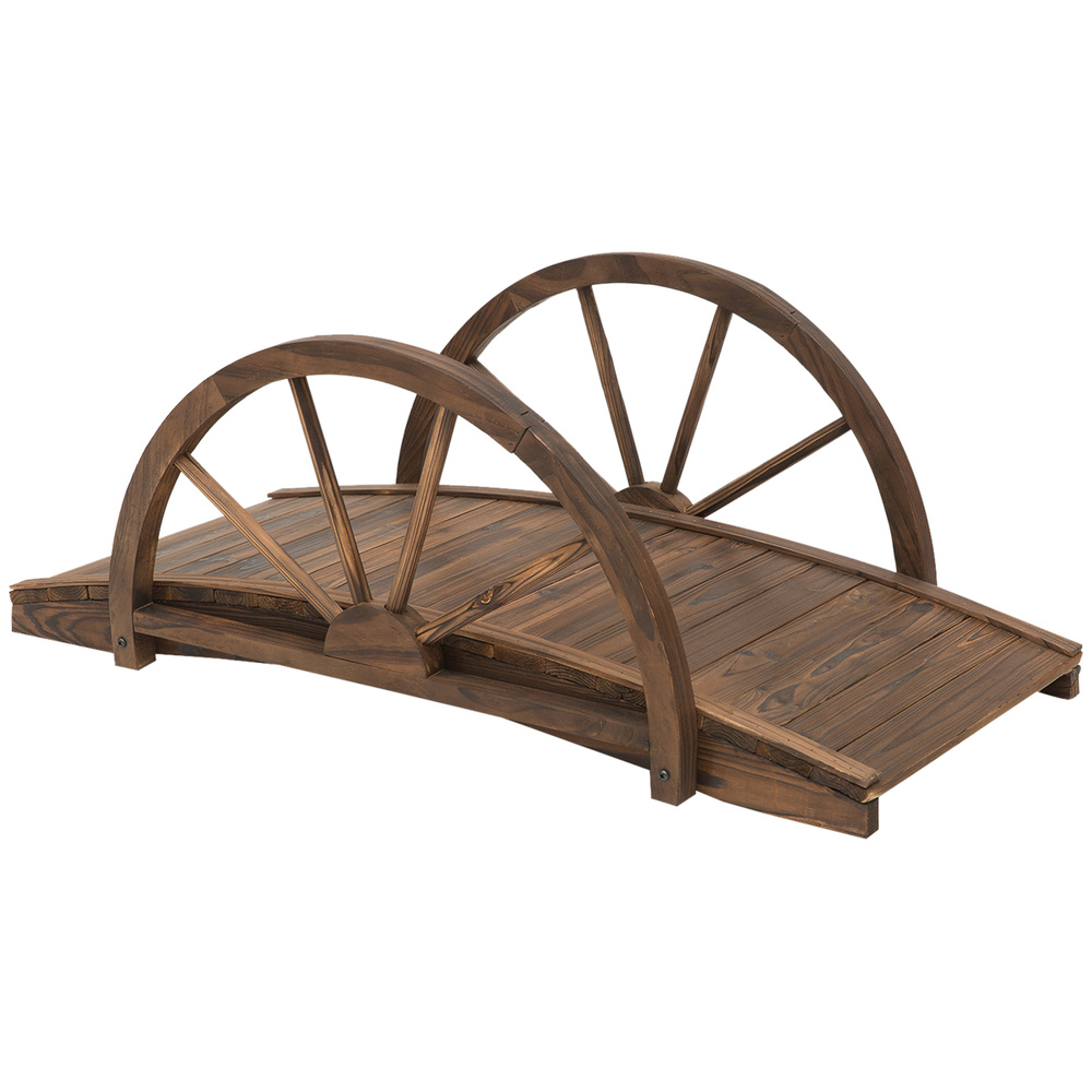 Outsunny Wooden Garden Bridge Lawn Décor Stained Finish Arc Outdoor Pond WalkwayYard Decoration Half Wheeled Railings 100L x 50W x 37Hcm