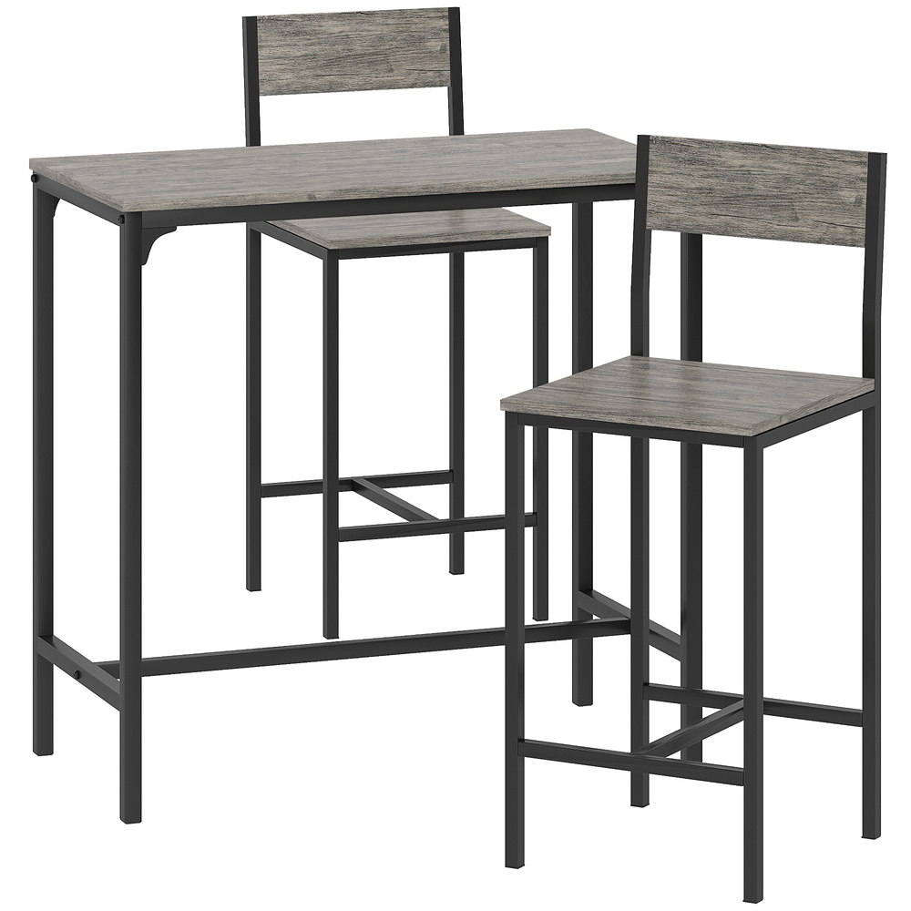 HOMCOM 3-Piece Bar Table Set with 2 Stools, Industrial Breakfast Bar Set with Footrest, Backrest for Dining Room, Small Space