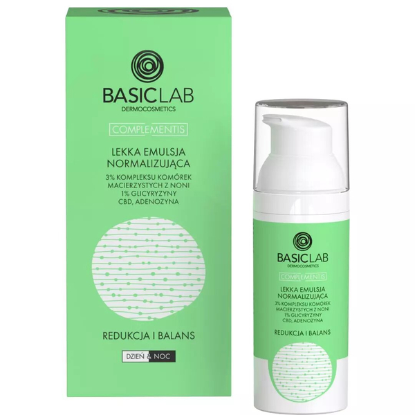 BasicLab Zaawansowana Lekka Emulsja z 3% Kompleksem Komórek Macierzystych z Noni i 1% Glicyryzyny  Najlepsze Rozwiązanie na Trądzik dla Skóry Tłustej i Mieszanej (50 ml)