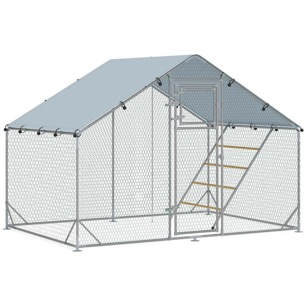PawHut Walk-in Chicken Run with Cover, Feeding Door, Hanging Feeder, Perch, for 6-8 Poultry