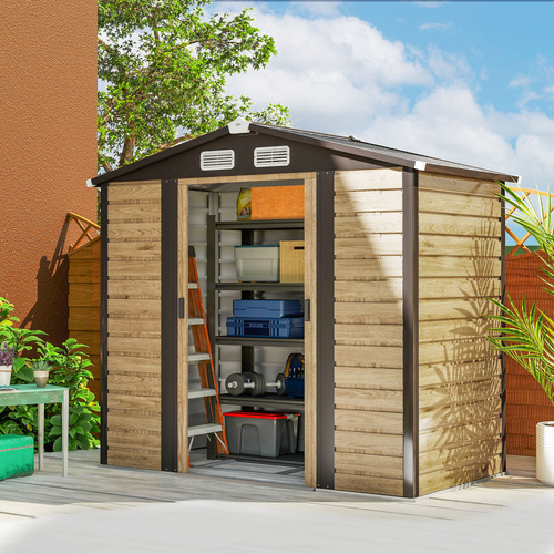 Outsunny 7 x 4ft Garden Shed, Easy to Assemble, Upgraded Galvanised Steel Frame with Foundation Kit, Double Doors with Lock, Outdoor Metal Shed with Vents and Gloves, Garden Storage Shed, Natural