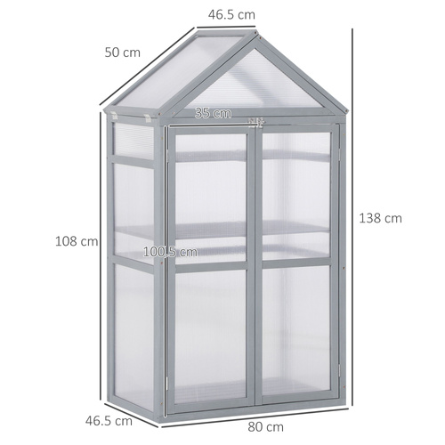 Outsunny Garden Cold Frame Polycarbonate Greenhouse with Adjustable Shelves, Double Doors, Openable Top Covers, Grow House for Flower Vegetable Plants, 80 x 47 x 138cm, Grey