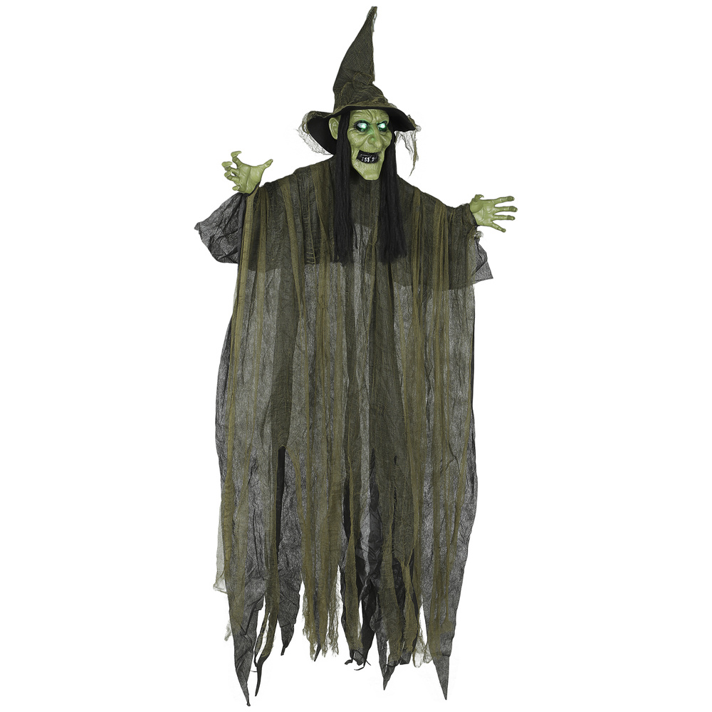 Outsunny 170 cm Life Size Hanging Halloween Animated Witch with Glowing LED Eyes, Spooky Witch Scary Halloween Decorations, Battery Operated, Indoor Party Props