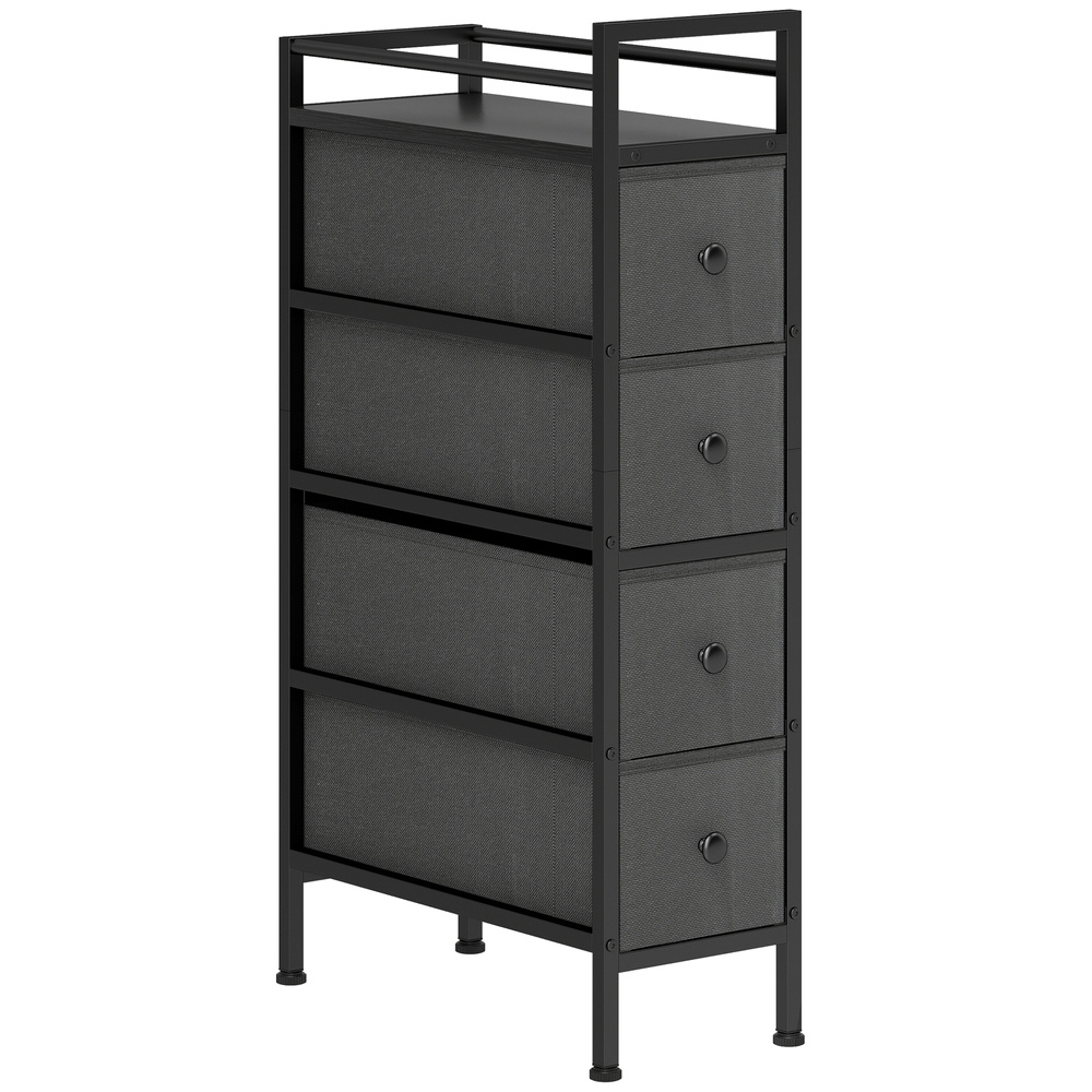 HOMCOM 4 Drawer Fabric Dresser Chest of Drawers, Slim Storage Cabinet with Steel Frame for Small Spaces, Bedroom, Black