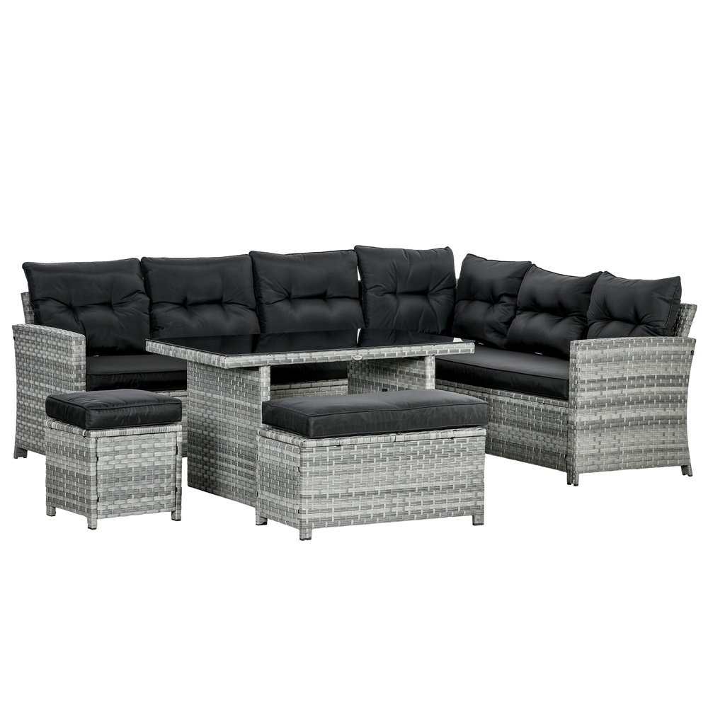 Outsunny 5-Piece Rattan Patio Furniture Set with Corner Sofa, Footstools, Glass Coffee Table, Cushions, Mixed Grey