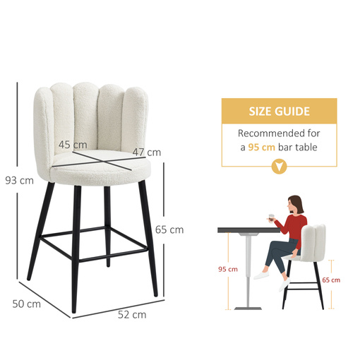 HOMCOM Bar Stools Set of 2, Modern Boucle Upholstered Shell Barstools, Breakfast Bar Chairs with Backrest, Footrest and Steel Base for Kitchen Counter, Cream