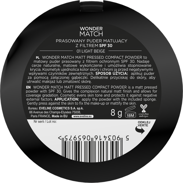 Eveline Wonder Match Matowy Puder Prasowany z Filtrem Ochronnym SPF30 Nr 01 Light Beige 8g