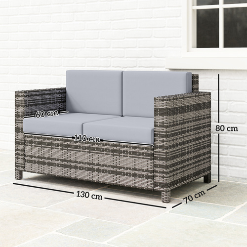 Outsunny Rattan Sofa, 2 Seater Garden Furniture with Soft Padded Cushion and Armrests, Wicker Garden Loveseat for Patio, Mixed Grey