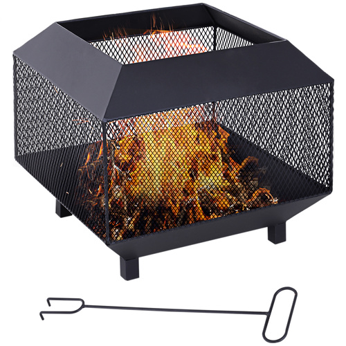 Outsunny Metal Square Fire Pit Outdoor Mesh Firepit Brazier w/ Lid, Log Grate, Poker for Backyard, Camping, Bonfire, Wood Burning Stove, 44 x 44 x 40cm, Black