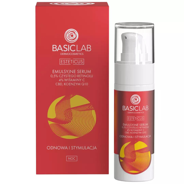 BasicLab Dermocosmetics Emulsyjne Serum z 0,5% Czystego Retinolu, 4% Witaminy C i Koenzymem Q10 - Odnowa i Stymulacja - 30 ml