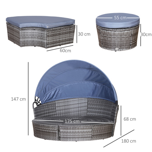 Outsunny Outdoor PE Rattan Garden Furniture with Cushioned, Patio Wicker Conversation Furniture Set, Round Daybed with Retractable Canopy, Coffee Table and Three Pillows, Grey/Blue Grey