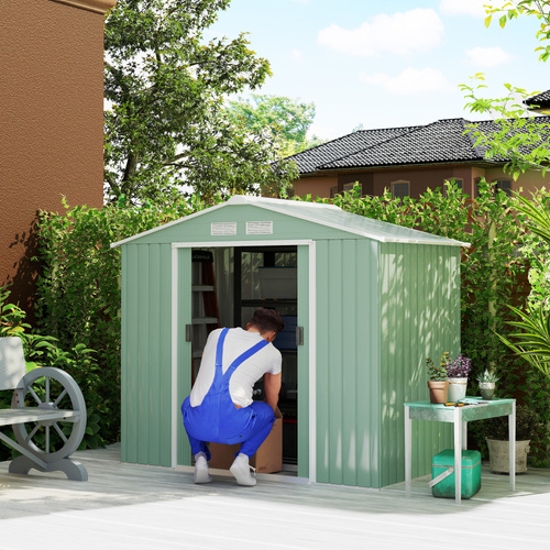 Outsunny 7 x 4ft Metal Garden Shed, Outdoor Storage Tool House with Ventilation Slots, Foundation Kit and Lockable Double Doors, Light Green
