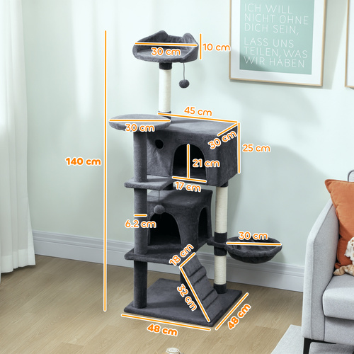 PawHut 140cm Large Cat Tree Tower with Sisal Scratching Posts, Cat Houses, Plush Perches, Hammock, Ladder, Dark Grey
