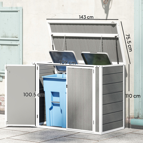 Outsunny 4.7 x 2.5FT Garden Shed, Double Bin Storage Shed with Lockable Doors, Outdoor Small Shed with Openable Lid for 2 Trash Cans, Garden Tools, Grey