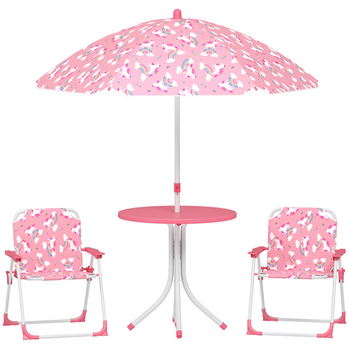 AIYAPLAY Kids Patio Table and Chair Set, Kids Garden Furniture with Umbrella, 4-Piece Bistro Set for Garden, Pink