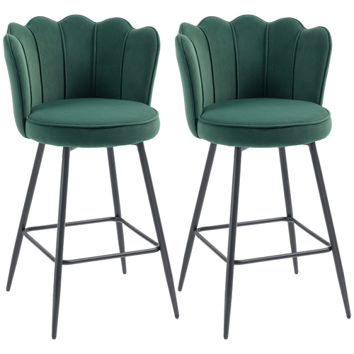 HOMCOM Set of Two Velvet-Feel Lotus Bar Stools - Dark Green