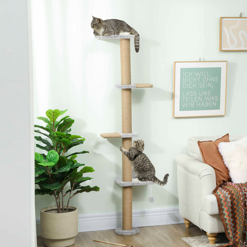 PawHut Wall Mounted Cat Shelves, Cat Climbing Wall with 4 Climbing Platforms, Jute Scratching Post and Toy Ball,180cm Tall, Light Grey