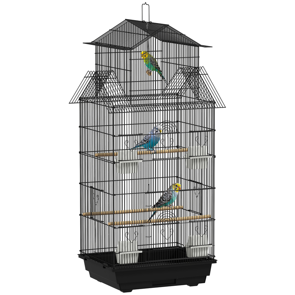 PawHut Metal Bird Cage with Plastic Swing, Perch, Food Container, Tray, Handle, for Finches, Canaries, 43 x 32.5 x 104cm