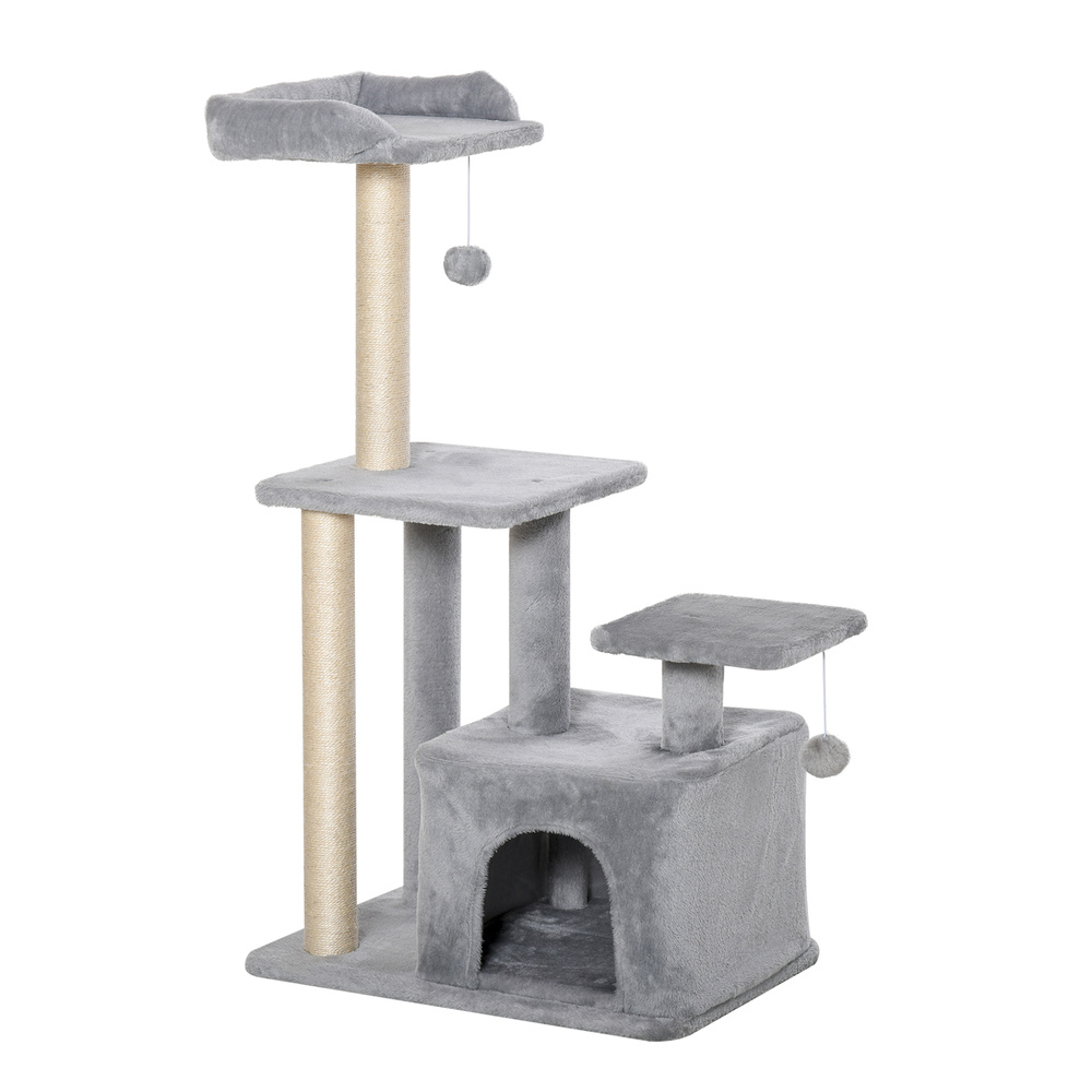 PawHut Cat Tree Tower for Indoor Cats 114cm Climbing Activity Centre Kitten with Sisal Scratching Post Perch Hanging Ball Condo Toy Light Grey