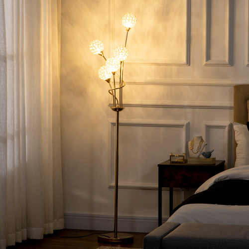 HOMCOM Crystal Floor Lamps for Living Room Bedroom with 5 Light, Modern Upright Standing Lamp, 34x25x156cm, Gold Tone