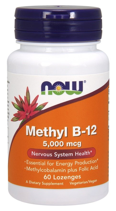 NOW Foods Methyl B-12 z Kwasem Foliowym 5000mcg Witamina B12 w Pastylkach do Ssania Na Energię i Układ Nerwowy 60 Pastylek do Ssania