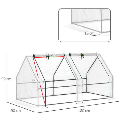Outsunny Mini Small Greenhouse with Steel Frame & PE Cover & Zipped Window Poly tunnel Steeple for Plants Vegetables, 180 x 90 x 90 cm, White