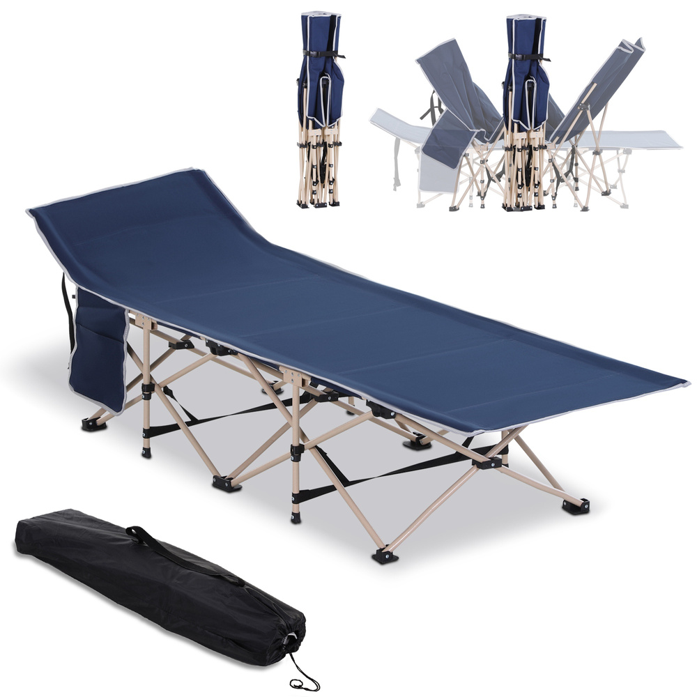 Outsunny Single Person Camping Bed Folding Cot Outdoor Patio Portable Military Sleeping Bed Travel Guest Leisure Fishing with Side Pocket and Carry Bag - Blue