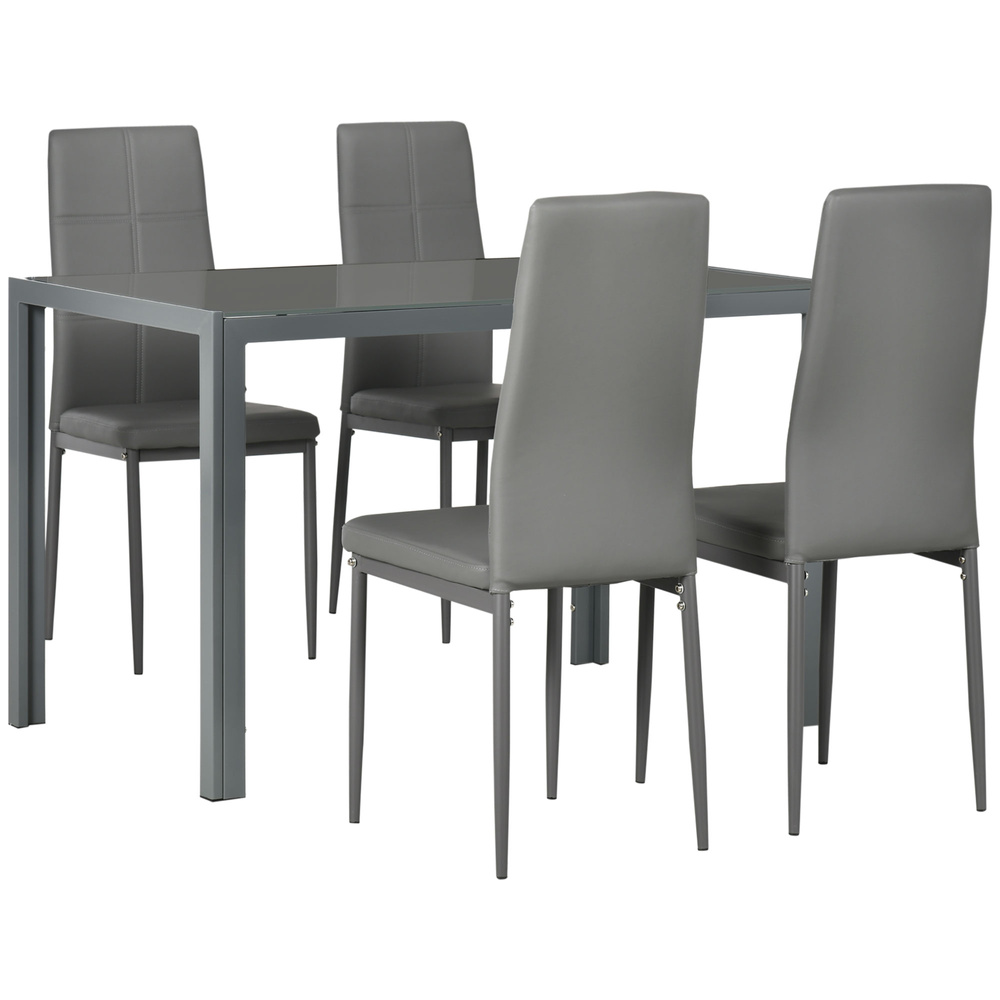 HOMCOM 5-Piece Kitchen Dining Table Set with 4 Faux Leather Metal Frame Chairs Glass Tabletop Desk for Dining Room, Kitchen, Dinette, Grey