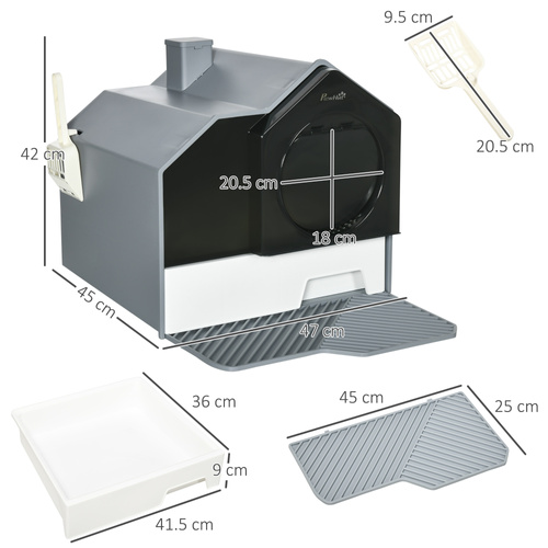 PawHut Hooded Cat Litter Tray with Scoop, Cat Litter Box with Drawer Pan, Handle, Deodorants, Hut Design, Front Entrance, 47 x 45 x 42cm - Grey