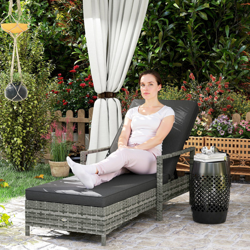 Outsunny Patio Rattan Sun Lounger, Dual Wicker Weave Outdoor Single Reclining Chair Furniture, 5-Level Adjustable Backrest w/ Removeable & Washable Cushion, Mixed Grey