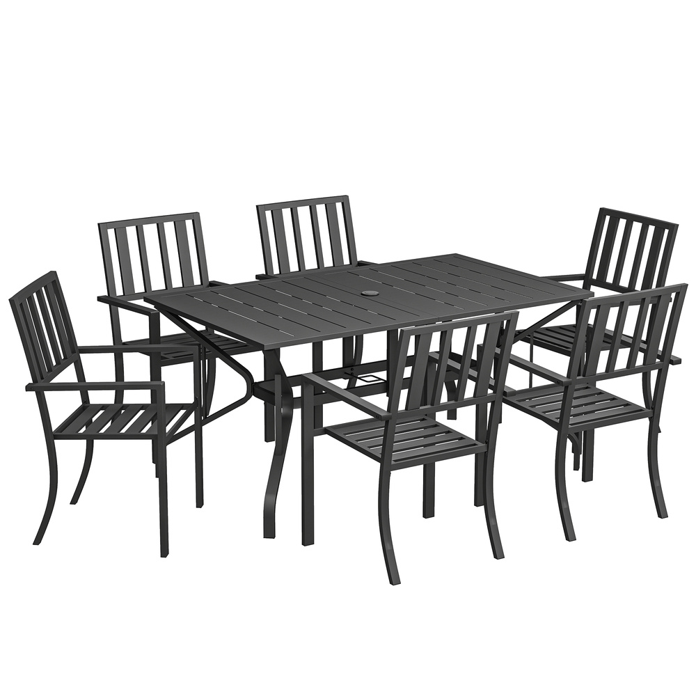 Outsunny 7 Pieces Garden Table and Chairs 6 Seater Outdoor Table and Chairs with Umbrella Hole, for Poolside, Garden, Black