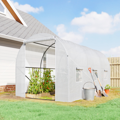 Outsunny 3.5 x 2 x 2 m Polytunnel Greenhouse, Walk-in Green House for Garden with Mesh Windows, Galvanised Steel Frame, White