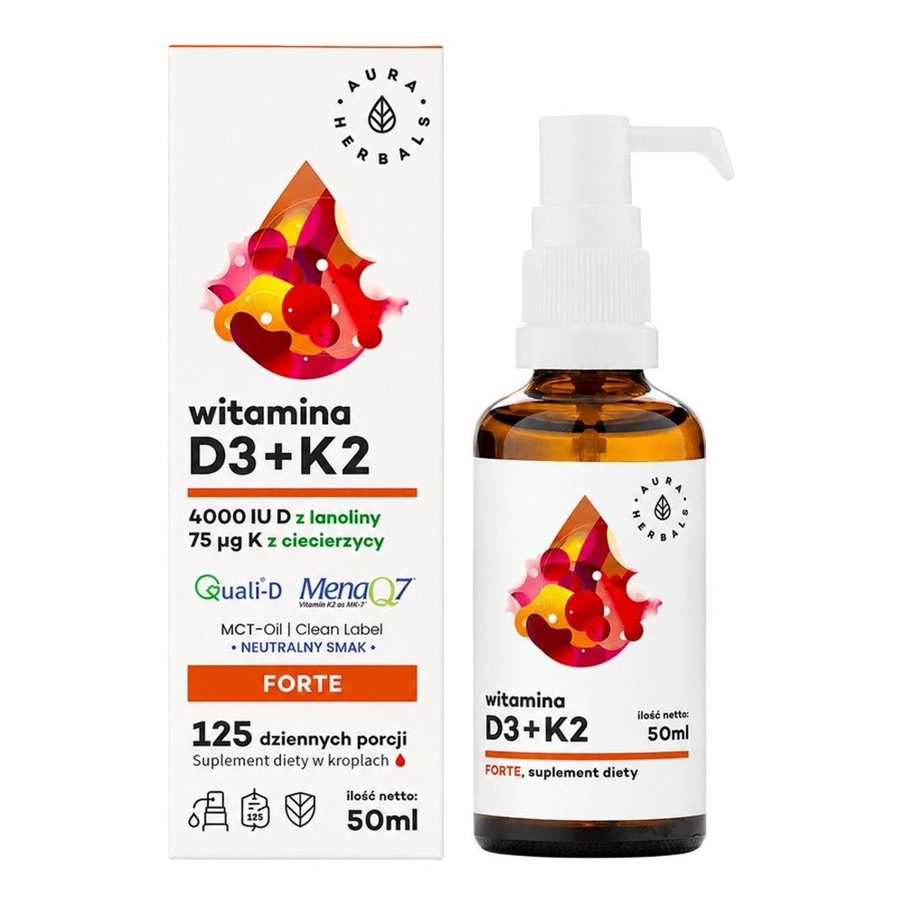 AURA HERBALS Witamina D3 4000 IU + K2 MK-7 na Oleju MCT Krople 50ml