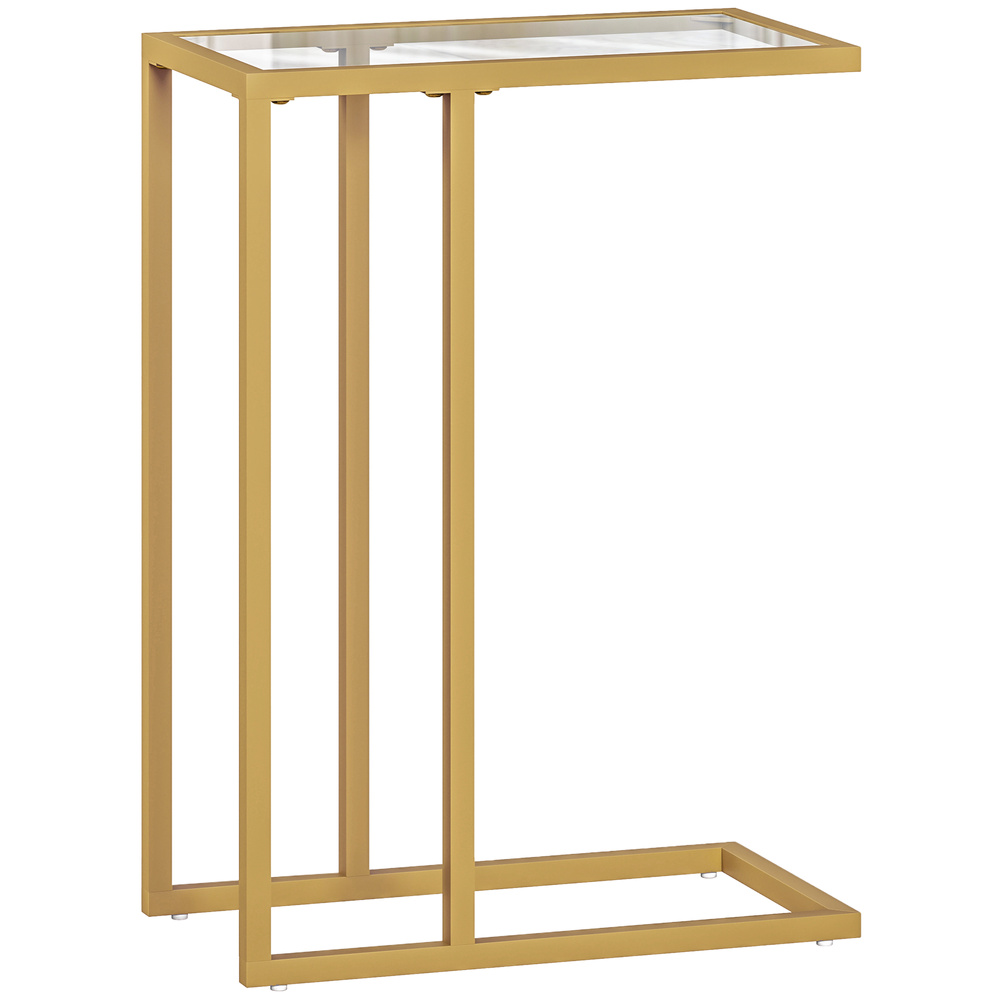HOMCOM C-Shaped Side Table, Modern Slim End Table with Tempered Glass Tabletop, Steel Frame for Small Space, Living Room, Bedroom, Gold Tone