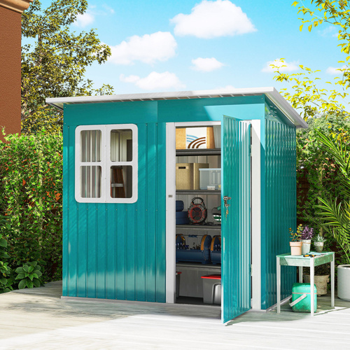 Outsunny 7 x 4ft Galvanised Steel Garden Shed, with Lock, Gloves and Foundation Kit  - Green