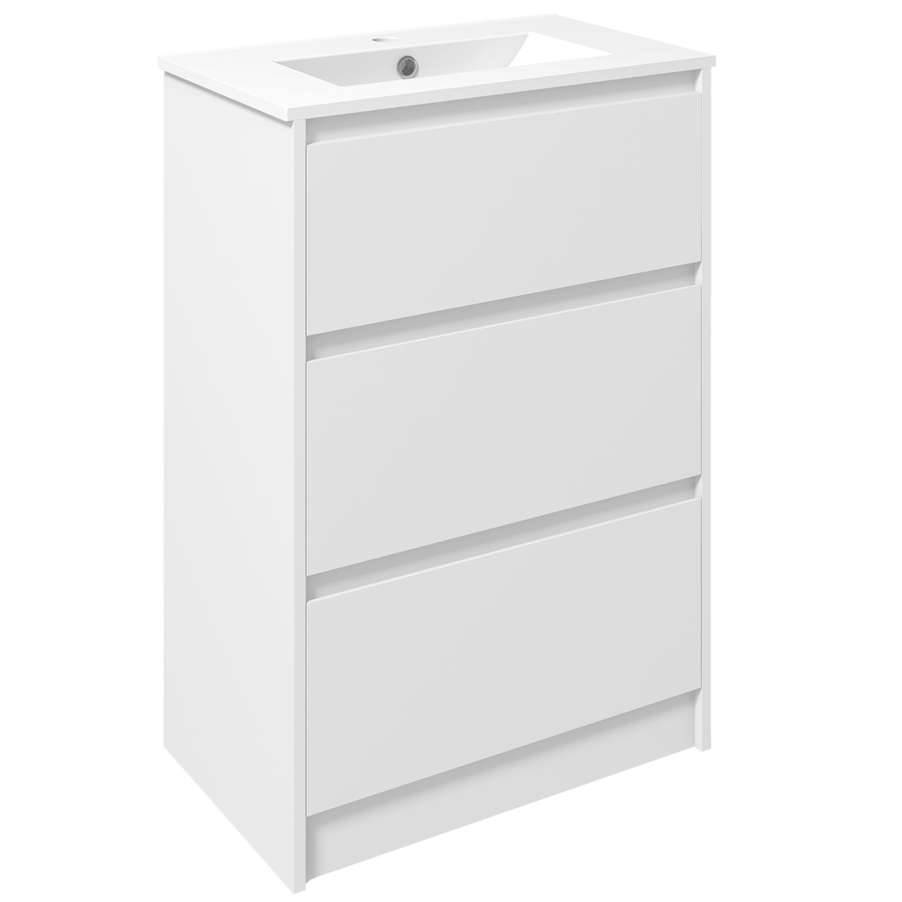 kleankin 600mm Bathroom Vanity Unit with Basin and Single Tap Hole, High Gloss White Floor Standing Bathroom Sink Unit with 2 Drawers for Cloakroom